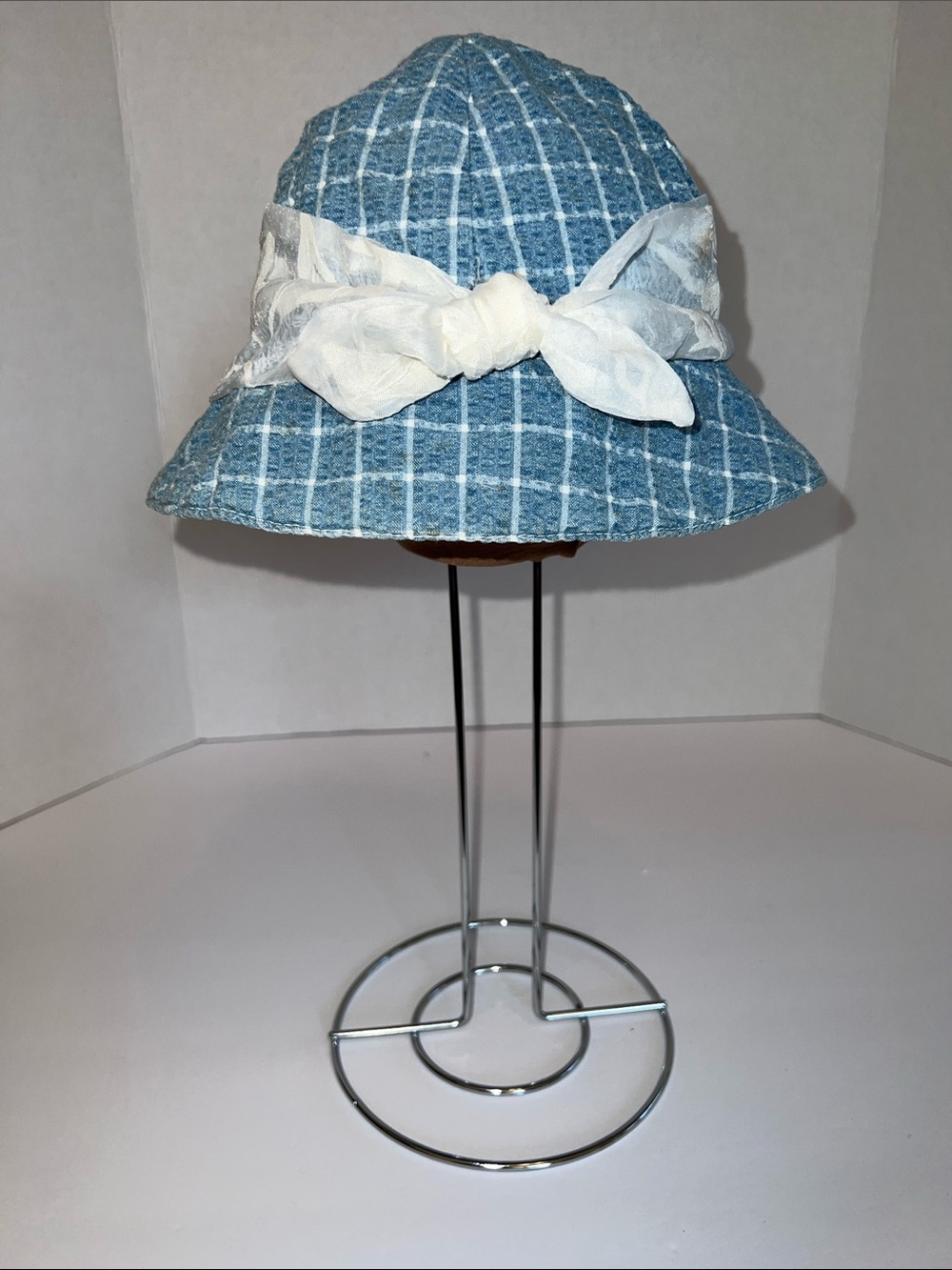 Blue Plaid Sun Hat with White Bow by S F Bkues Size Y​